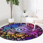 - RealHomes Dijital Baskılı Kaymaz Tabanlı Comfort Yuvarlak Halı - Realhomes Realhomes Siyah Zeminde Renkli Üçüncü Göz Motifli Lacivert Salon ve Oturma Odası Yıkanabilir Kaymaz Tabanlı Yuvarlak Halı Realhomes