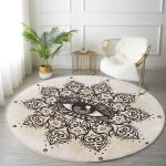 - RealHomes Dijital Baskılı Kaymaz Tabanlı Comfort Yuvarlak Halı - Realhomes  Özel Tasarım Çiçek Üçüncü Göz Motifli Krem Salon ve Oturma Odası Yıkanabilir Kaymaz Tabanlı Yuvarlak Halı Realhomes