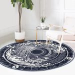 Beyaz Zeminde Lacivert Pusula Motifli Salon ve Oturma Odası Yıkanabilir Kaymaz Tabanlı Yuvarlak Halı Realhomes
