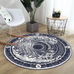 Beyaz Zeminde Lacivert Pusula Motifli Salon ve Oturma Odası Yıkanabilir Kaymaz Tabanlı Yuvarlak Halı Realhomes