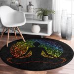 - RealHomes Dijital Baskılı Kaymaz Tabanlı Comfort Yuvarlak Halı - Realhomes  Siyah Zeminde Gökkuşağı Motifli Uzak Doğu Yoga Desenli Salon ve Oturma Odası Yıkanabilir Kaymaz Tabanlı Yuvarlak Halı Realhomes