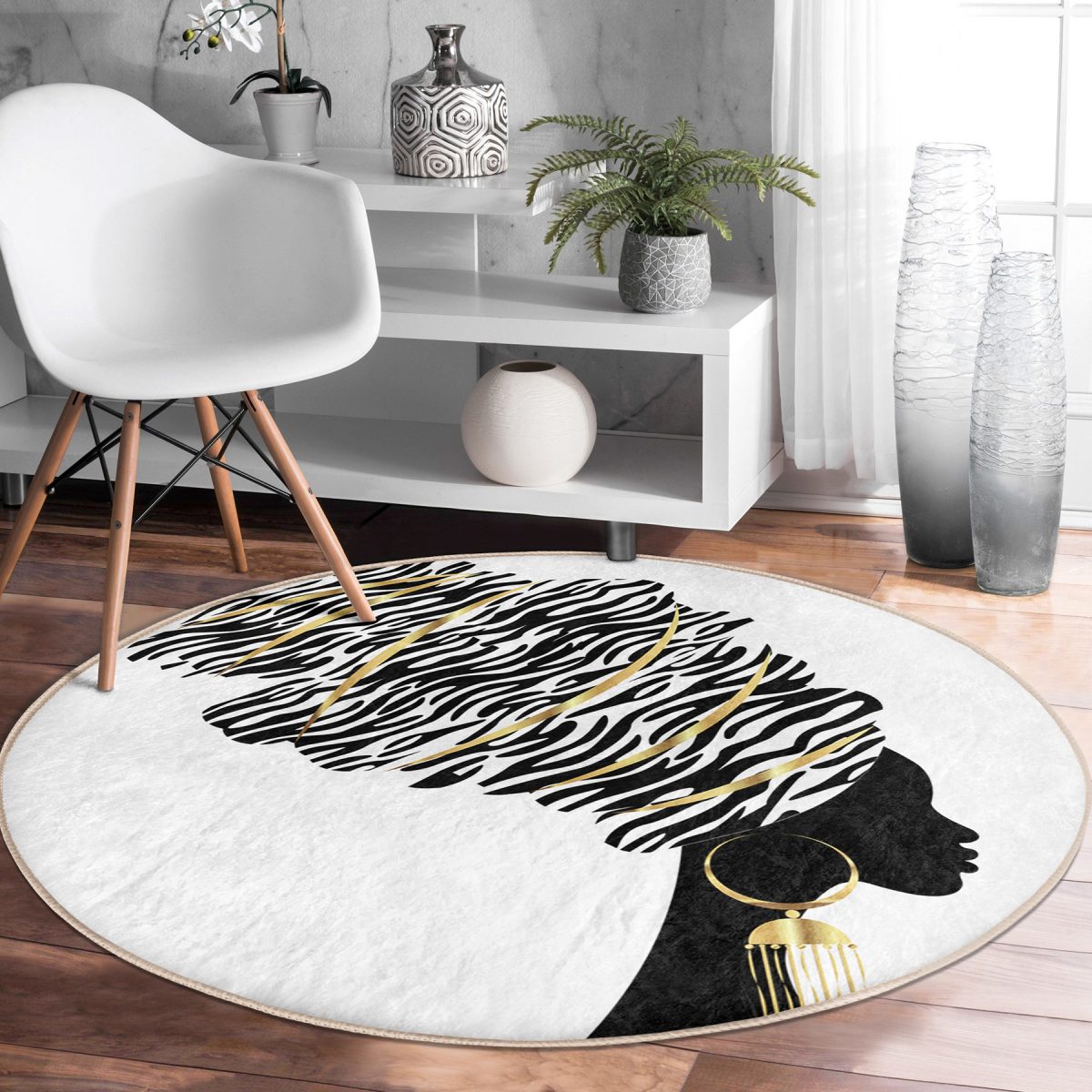 Siyah Beyaz Zenci Kadın Motifli Modern Salon ve Oturma Odası Yıkanabilir Kaymaz Tabanlı Yuvarlak Halı Realhomes