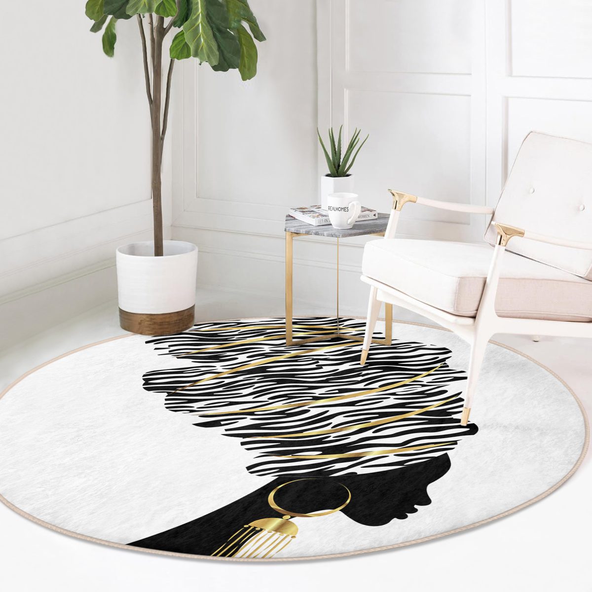 Siyah Beyaz Zenci Kadın Motifli Modern Salon ve Oturma Odası Yıkanabilir Kaymaz Tabanlı Yuvarlak Halı Realhomes