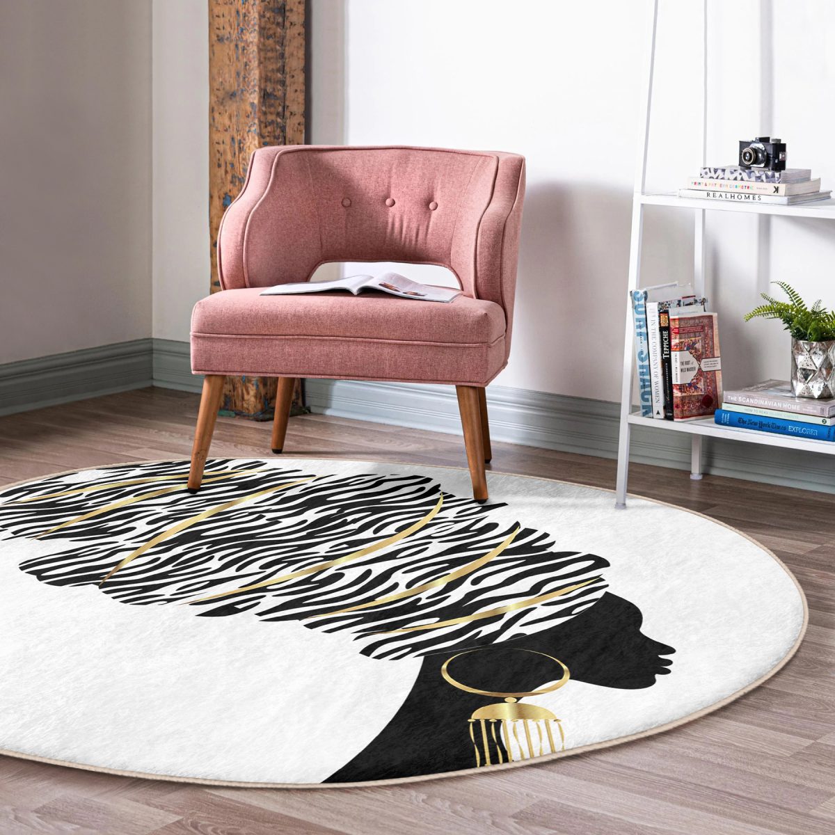 Siyah Beyaz Zenci Kadın Motifli Modern Salon ve Oturma Odası Yıkanabilir Kaymaz Tabanlı Yuvarlak Halı Realhomes