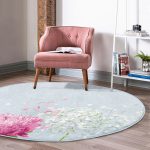 - RealHomes Dijital Baskılı Kaymaz Tabanlı Comfort Yuvarlak Halı - Realhomes  Mavi Zeminde Fuşya Beyaz Ortanca Çiçeği Dijital Baskılı Lacivert Mutfak Yıkanabilir Kaymaz Tabanlı Yuvarlak Halı Realhomes