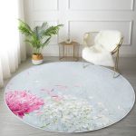 - RealHomes Dijital Baskılı Kaymaz Tabanlı Comfort Yuvarlak Halı - Realhomes  Mavi Zeminde Fuşya Beyaz Ortanca Çiçeği Dijital Baskılı Lacivert Mutfak Yıkanabilir Kaymaz Tabanlı Yuvarlak Halı Realhomes
