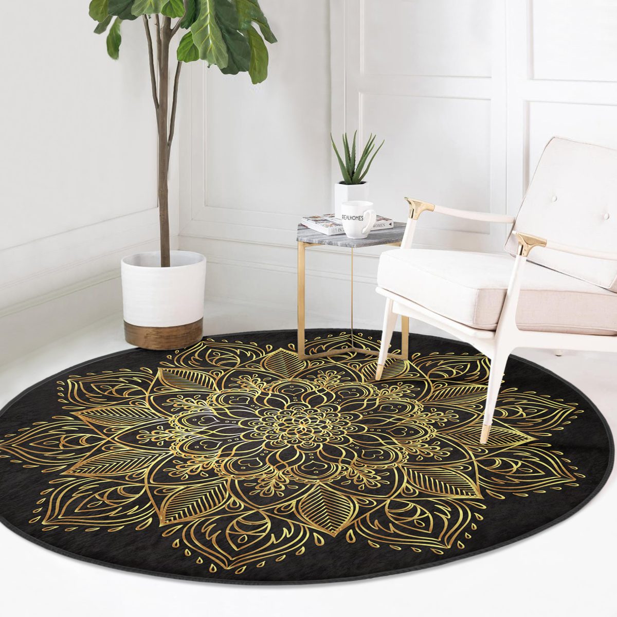 Siyah Zeminde Gold Mandala Motifli Salon ve Oturma Odası Yıkanabilir Kaymaz Tabanlı Yuvarlak Halı Realhomes