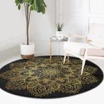 Siyah Zeminde Gold Mandala Motifli Salon ve Oturma Odası Yıkanabilir Kaymaz Tabanlı Yuvarlak Halı Realhomes