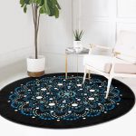 Siyah Zeminde Mavi Boncuklu Mandala Salon ve Oturma Odası Yıkanabilir Kaymaz Tabanlı Yuvarlak Halı Realhomes