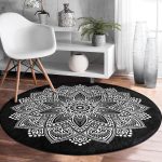 Realhomes Siyah Beyaz Mandala Tasarımlı Salon ve Oturma Odası Yıkanabilir Kaymaz Tabanlı Yuvarlak Halı Realhomes