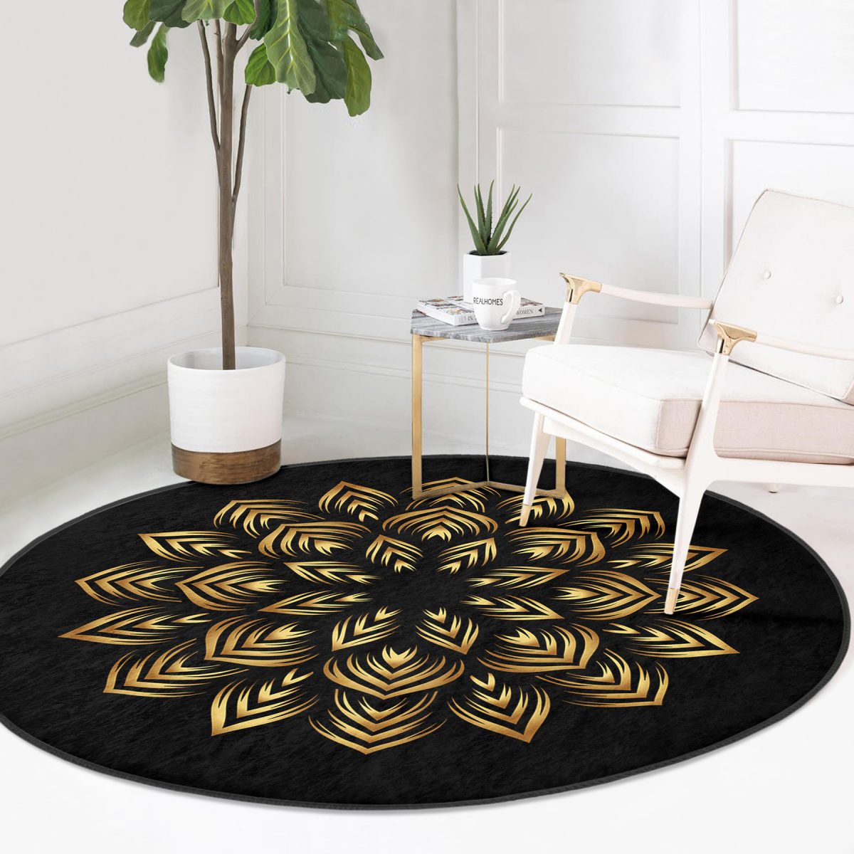 Siyah Zeminde Gold Mandala Motifli Salon ve Oturma Odası Yıkanabilir Kaymaz Tabanlı Yuvarlak Halı Realhomes