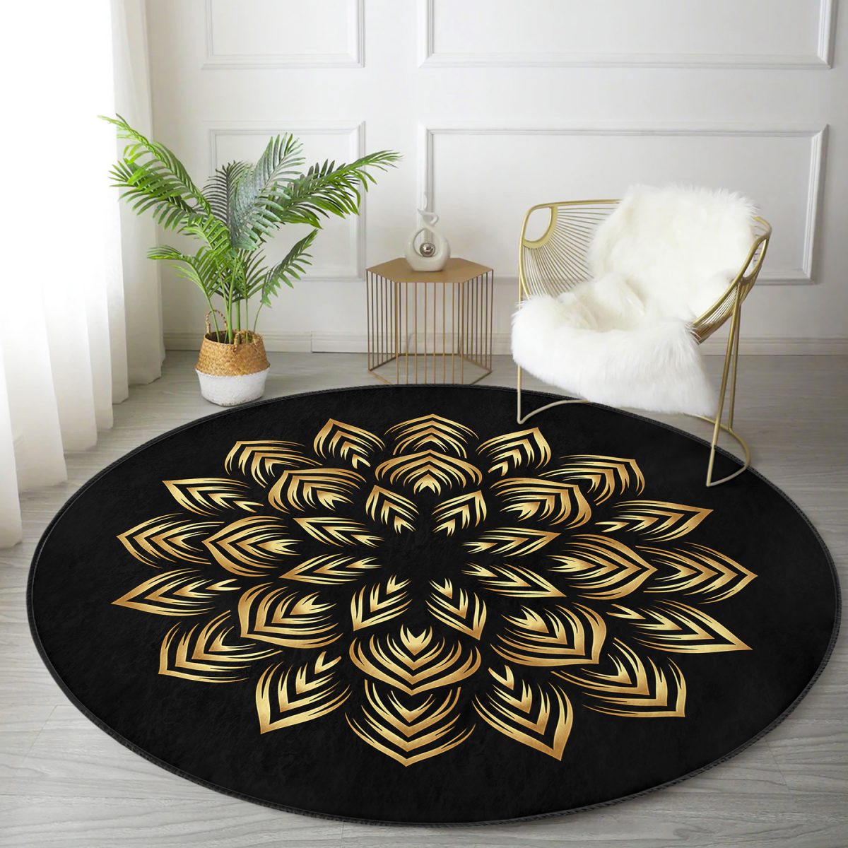 Siyah Zeminde Gold Mandala Motifli Salon ve Oturma Odası Yıkanabilir Kaymaz Tabanlı Yuvarlak Halı Realhomes