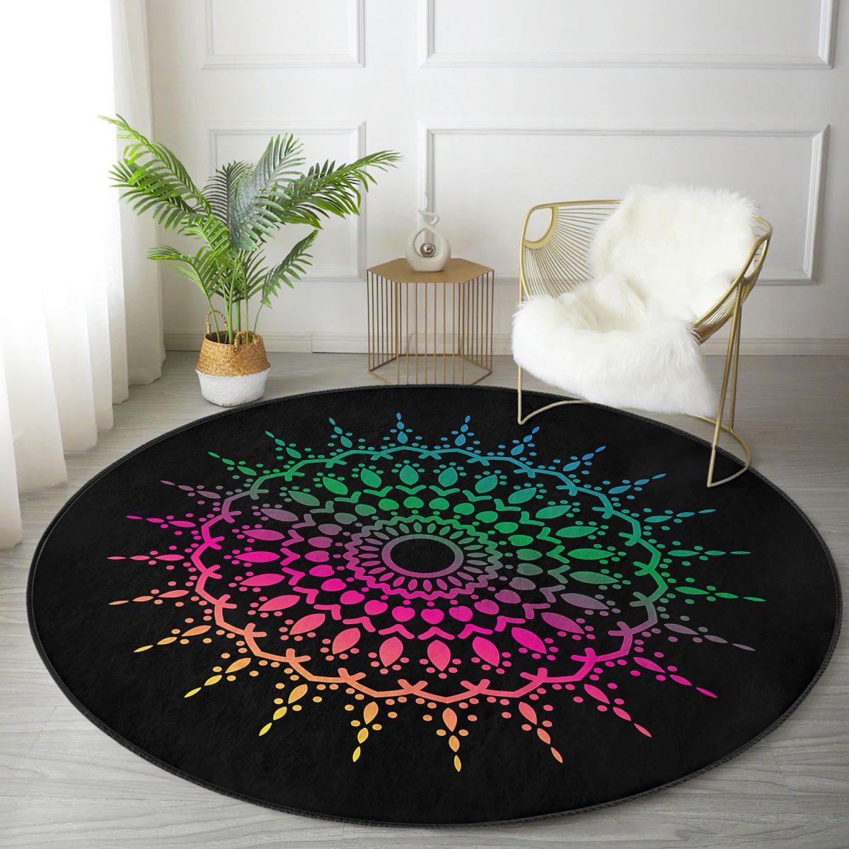 Siyah Zeminde Pembe Yeşil Mandala Motifli Renkli Salon ve Oturma Odası Yıkanabilir Kaymaz Tabanlı Yuvarlak Halı Realhomes