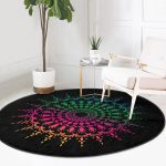 - RealHomes Dijital Baskılı Kaymaz Tabanlı Comfort Yuvarlak Halı - Realhomes  Siyah Zeminde Pembe Yeşil Mandala Motifli Renkli Salon ve Oturma Odası Yıkanabilir Kaymaz Tabanlı Yuvarlak Halı Realhomes