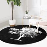 Siyah Beyaz Ağaç Tasarımlı Dijital Baskılı Salon ve Oturma Odası Yıkanabilir Kaymaz Tabanlı Yuvarlak Halı Realhomes