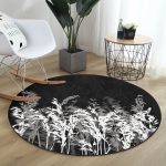 Siyah Zeminde Beyaz Ve Gri Çiçek Temalı Özel Tasarım Salon ve Oturma Odası Yıkanabilir Kaymaz Tabanlı Yuvarlak Halı Realhomes