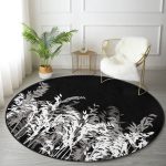 Siyah Zeminde Beyaz Ve Gri Çiçek Temalı Özel Tasarım Salon ve Oturma Odası Yıkanabilir Kaymaz Tabanlı Yuvarlak Halı Realhomes