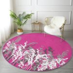 - RealHomes Dijital Baskılı Kaymaz Tabanlı Comfort Yuvarlak Halı - Realhomes  Fuşya Zeminde Beyaz Ve Gri Çiçek Motifli Pembe Salon ve Oturma Odası Yıkanabilir Kaymaz Tabanlı Yuvarlak Halı Realhomes
