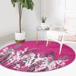 - RealHomes Dijital Baskılı Kaymaz Tabanlı Comfort Yuvarlak Halı - Realhomes  Fuşya Zeminde Beyaz Ve Gri Çiçek Motifli Pembe Salon ve Oturma Odası Yıkanabilir Kaymaz Tabanlı Yuvarlak Halı Realhomes