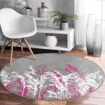 - RealHomes Dijital Baskılı Kaymaz Tabanlı Comfort Yuvarlak Halı - Realhomes  Gri Zeminde Fuşya Ve Beyaz Çiçek Tasarımlı Salon ve Oturma Odası Yıkanabilir Kaymaz Tabanlı Yuvarlak Halı Realhomes