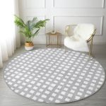 Realhomes Gri Zeminde Geometrik Kare Motifli Ofis Yıkanabilir Kaymaz Tabanlı Yuvarlak Kadife Halı Realhomes