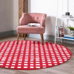 Kırmızı Zeminde Geometrik Kare Motifli Bordo Salon ve Oturma Odası Yıkanabilir Kaymaz Tabanlı Yuvarlak Halı Realhomes