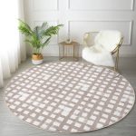 - RealHomes Dijital Baskılı Kaymaz Tabanlı Comfort Yuvarlak Halı - Realhomes  Realhomes Vizon Zeminde Geometrik Kare Motifli Krem Ofis Yıkanabilir Kaymaz Tabanlı Yuvarlak Kadife Halı Realhomes