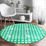 - RealHomes Dijital Baskılı Kaymaz Tabanlı Comfort Yuvarlak Halı - Realhomes  Yeşil Zeminde Geometrik Kare Motifli Salon ve Oturma Odası Yıkanabilir Kaymaz Tabanlı Yuvarlak Halı Realhomes