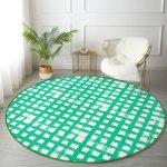 - RealHomes Dijital Baskılı Kaymaz Tabanlı Comfort Yuvarlak Halı - Realhomes  Yeşil Zeminde Geometrik Kare Motifli Salon ve Oturma Odası Yıkanabilir Kaymaz Tabanlı Yuvarlak Halı Realhomes