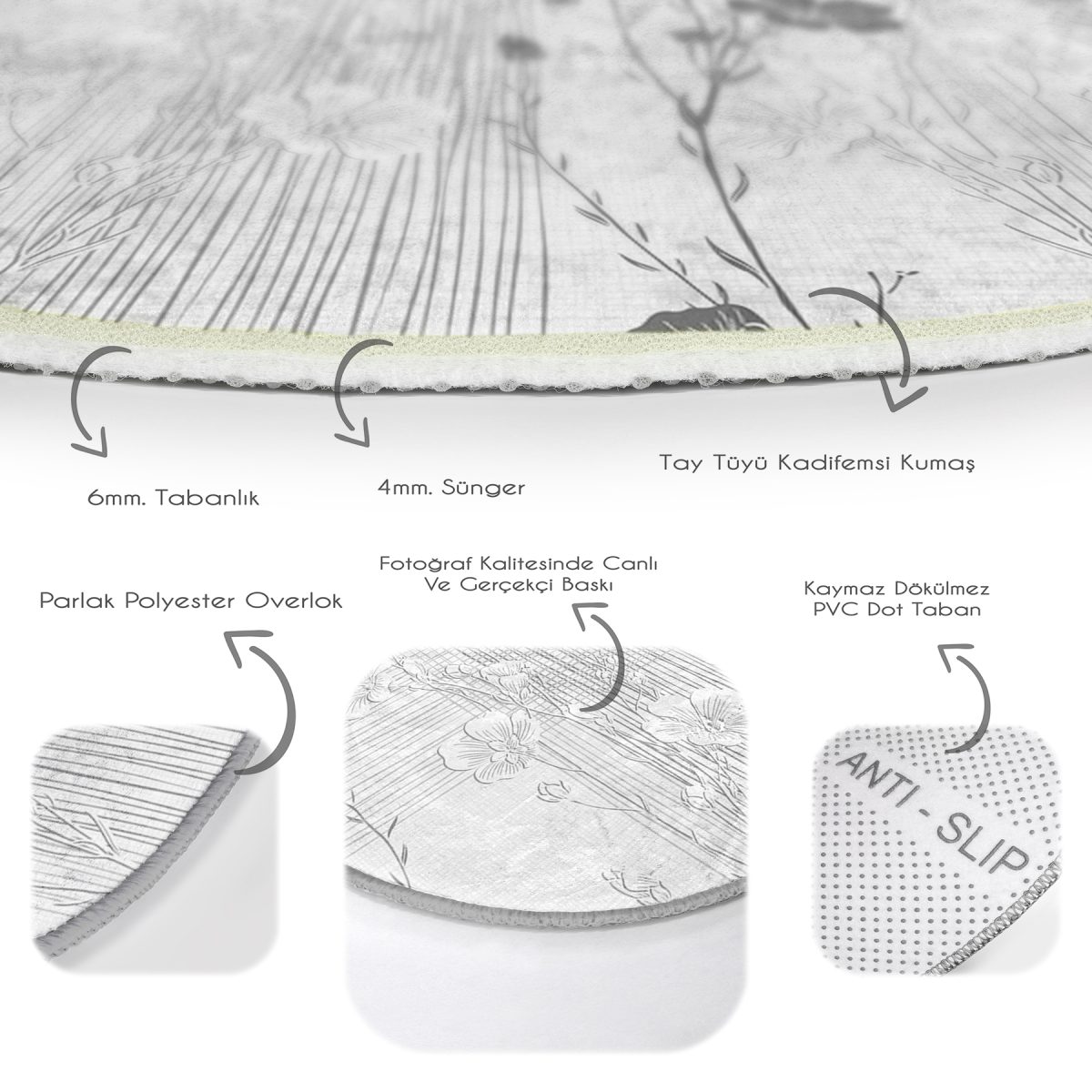 Karakalem Çizimli Çiçek Tasarım Dijital Baskılı Modern Gri Mutfak Yıkanabilir Kaymaz Tabanlı Yuvarlak Halı Realhomes