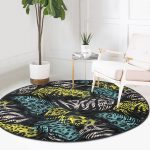 - RealHomes Dijital Baskılı Kaymaz Tabanlı Comfort Yuvarlak Halı - Realhomes Siyah Zeminde Renkli Yaprak Motifli Özel Tasarım Salon ve Oturma Odası Yıkanabilir Kaymaz Tabanlı Yuvarlak Halı Realhomes