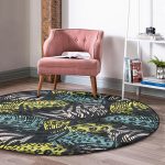 - RealHomes Dijital Baskılı Kaymaz Tabanlı Comfort Yuvarlak Halı - Realhomes Siyah Zeminde Renkli Yaprak Motifli Özel Tasarım Salon ve Oturma Odası Yıkanabilir Kaymaz Tabanlı Yuvarlak Halı Realhomes