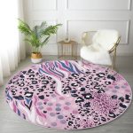 - RealHomes Dijital Baskılı Kaymaz Tabanlı Comfort Yuvarlak Halı - Realhomes Lila Zeminli Leopar Desenli Dijital Baskılı Özel Tasarım Renkli Çocuk ve Genç Odası Yıkanabilir Kaymaz Tabanlı Yuvarlak Halı Realhomes