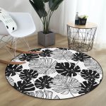 - RealHomes Dijital Baskılı Kaymaz Tabanlı Comfort Yuvarlak Halı - Realhomes Realhomes Siyah Ve Beyaz Yaprak Motifli Salon ve Oturma Odası Yıkanabilir Kaymaz Tabanlı Yuvarlak Halı Realhomes