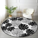- RealHomes Dijital Baskılı Kaymaz Tabanlı Comfort Yuvarlak Halı - Realhomes Realhomes Siyah Ve Beyaz Yaprak Motifli Salon ve Oturma Odası Yıkanabilir Kaymaz Tabanlı Yuvarlak Halı Realhomes