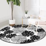 - RealHomes Dijital Baskılı Kaymaz Tabanlı Comfort Yuvarlak Halı - Realhomes Realhomes Siyah Ve Beyaz Yaprak Motifli Salon ve Oturma Odası Yıkanabilir Kaymaz Tabanlı Yuvarlak Halı Realhomes