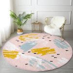 Pembe Zeminde Sulu Boya Gold Ve Mavi Çizimli Salon ve Oturma Odası Yıkanabilir Kaymaz Tabanlı Yuvarlak Halı Realhomes