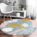 - RealHomes Dijital Baskılı Kaymaz Tabanlı Comfort Yuvarlak Halı - Realhomes  Mavi Zeminde Sulu Boya Çizim Dijital Baskılı Renkli Salon ve Oturma Odası Yıkanabilir Kaymaz Tabanlı Yuvarlak Halı Realhomes