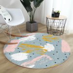 - RealHomes Dijital Baskılı Kaymaz Tabanlı Comfort Yuvarlak Halı - Realhomes  Mavi Zeminde Sulu Boya Çizim Dijital Baskılı Renkli Salon ve Oturma Odası Yıkanabilir Kaymaz Tabanlı Yuvarlak Halı Realhomes