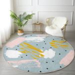 - RealHomes Dijital Baskılı Kaymaz Tabanlı Comfort Yuvarlak Halı - Realhomes  Mavi Zeminde Sulu Boya Çizim Dijital Baskılı Renkli Salon ve Oturma Odası Yıkanabilir Kaymaz Tabanlı Yuvarlak Halı Realhomes