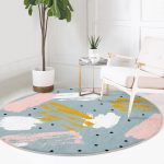- RealHomes Dijital Baskılı Kaymaz Tabanlı Comfort Yuvarlak Halı - Realhomes  Mavi Zeminde Sulu Boya Çizim Dijital Baskılı Renkli Salon ve Oturma Odası Yıkanabilir Kaymaz Tabanlı Yuvarlak Halı Realhomes