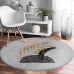 - RealHomes Dijital Baskılı Kaymaz Tabanlı Comfort Yuvarlak Halı - Realhomes  Gri Zeminde Gold Yaprak Motifli Renkli Salon ve Oturma Odası Yıkanabilir Kaymaz Tabanlı Yuvarlak Halı Realhomes