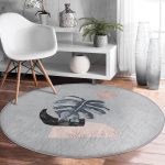 - RealHomes Dijital Baskılı Kaymaz Tabanlı Comfort Yuvarlak Halı - Realhomes  Gri Zeminde Tropik Yaprak Desen Dijital Baskılı Salon ve Oturma Odası Yıkanabilir Kaymaz Tabanlı Yuvarlak Halı Realhomes