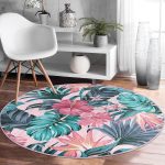 - RealHomes Dijital Baskılı Kaymaz Tabanlı Comfort Yuvarlak Halı - Realhomes  Pembe Zeminde Canlı Tropik Yaprakları Dijital Baskılı Renkli Outdoor Yıkanabilir Kaymaz Tabanlı Yuvarlak Halı Realhomes