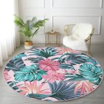 - RealHomes Dijital Baskılı Kaymaz Tabanlı Comfort Yuvarlak Halı - Realhomes  Pembe Zeminde Canlı Tropik Yaprakları Dijital Baskılı Renkli Outdoor Yıkanabilir Kaymaz Tabanlı Yuvarlak Halı Realhomes