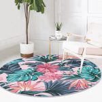 - RealHomes Dijital Baskılı Kaymaz Tabanlı Comfort Yuvarlak Halı - Realhomes  Pembe Zeminde Canlı Tropik Yaprakları Dijital Baskılı Renkli Outdoor Yıkanabilir Kaymaz Tabanlı Yuvarlak Halı Realhomes