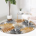 - RealHomes Dijital Baskılı Kaymaz Tabanlı Comfort Yuvarlak Halı - Realhomes  Renkli Yapraklar Üzerinde Nokta Tasarımlı Gold Koridor ve Antre Yıkanabilir Kaymaz Tabanlı Yuvarlak Halı Realhomes