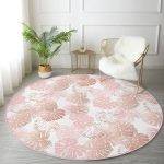 - RealHomes Dijital Baskılı Kaymaz Tabanlı Comfort Yuvarlak Halı - Realhomes  Beyaz Zeminde Pembe Tropikal Yaprak Desenli Modern Turuncu Koridor ve Antre Yıkanabilir Kaymaz Tabanlı Yuvarlak Halı Realhomes