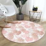 - RealHomes Dijital Baskılı Kaymaz Tabanlı Comfort Yuvarlak Halı - Realhomes  Beyaz Zeminde Pembe Tropikal Yaprak Desenli Modern Turuncu Koridor ve Antre Yıkanabilir Kaymaz Tabanlı Yuvarlak Halı Realhomes