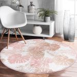 - RealHomes Dijital Baskılı Kaymaz Tabanlı Comfort Yuvarlak Halı - Realhomes  Beyaz Zeminde Pembe Tropikal Yaprak Desenli Modern Turuncu Koridor ve Antre Yıkanabilir Kaymaz Tabanlı Yuvarlak Halı Realhomes